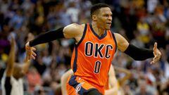 DENVER, CO - APRIL 09: Russell Westbrook #0 of the Oklahoma City Thunder celebrates after scoring a game-winning, three-point shot at the buzzer against the Denver Nuggets at Pepsi Center on April 9, 2017 in Denver, Colorado. NOTE TO USER: User expressly acknowledges and agrees that , by downloading and or using this photograph, User is consenting to the terms and conditions of the Getty Images License Agreement.   Matthew Stockman/Getty Images/AFP == FOR NEWSPAPERS, INTERNET, TELCOS &amp; TELEVISION USE ONLY ==