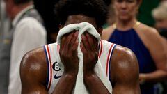 BOSTON, MASSACHUSETTS - MAY 14: Joel Embiid #21 of the Philadelphia 76ers reacts on the bench against the Boston Celtics during the third quarter in game seven of the 2023 NBA Playoffs Eastern Conference Semifinals at TD Garden on May 14, 2023 in Boston, Massachusetts. NOTE TO USER: User expressly acknowledges and agrees that, by downloading and or using this photograph, User is consenting to the terms and conditions of the Getty Images License Agreement.   Adam Glanzman/Getty Images/AFP (Photo by Adam Glanzman / GETTY IMAGES NORTH AMERICA / Getty Images via AFP)