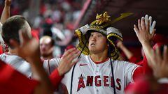 August 3, 2023; Anaheim, California, USA; Los Angeles Angels starting pitcher Shohei Ohtani (17) celebrates after hitting a solo home run against the Seattle Mariners during the eighth inning at Angel Stadium. Mandatory Credit: Gary A. Vasquez-USA TODAY Sports