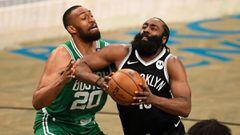 May 22, 2021; Brooklyn, New York, USA;  Brooklyn Nets guard James Harden (13) drives to the basket on Boston Celtics forward Jabari Parker (20) lduring the third quarter of game one in the first round of the 2021 NBA Playoffs. at Barclays Center. Mandator