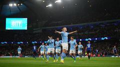 MANCHESTER, ENGLAND - OCTOBER 05: Erling Haaland of Manchester City celebrates after scoring their team's first goal during the UEFA Champions League group G match between Manchester City and FC Copenhagen at Etihad Stadium on October 05, 2022 in Manchester, England. (Photo by Tom Flathers/Manchester City FC via Getty Images)