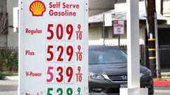 Gas prices over $5.00 a gallon are posted at a petrol station in Los Angeles, California on March 4, 2022.