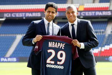 Soccer Football - Paris St Germain - Kylian Mbappe Press Conference - Paris, France - September 6, 2017. New Paris St Germain signing Kylian Mbappe and Chairman and CEO Nasser Al-Khelaifi pose with the club shirt after a press conference.    
