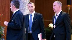 Aleksander Ceferin (C) President of the UEFA leaves following a meeting of the FIFA council in Manama on May 9, 2017.
 A five-hour long meeting of the all-powerful FIFA Council in Bahrain, chaired by president Gianni Infantino, has decided to replace Germ