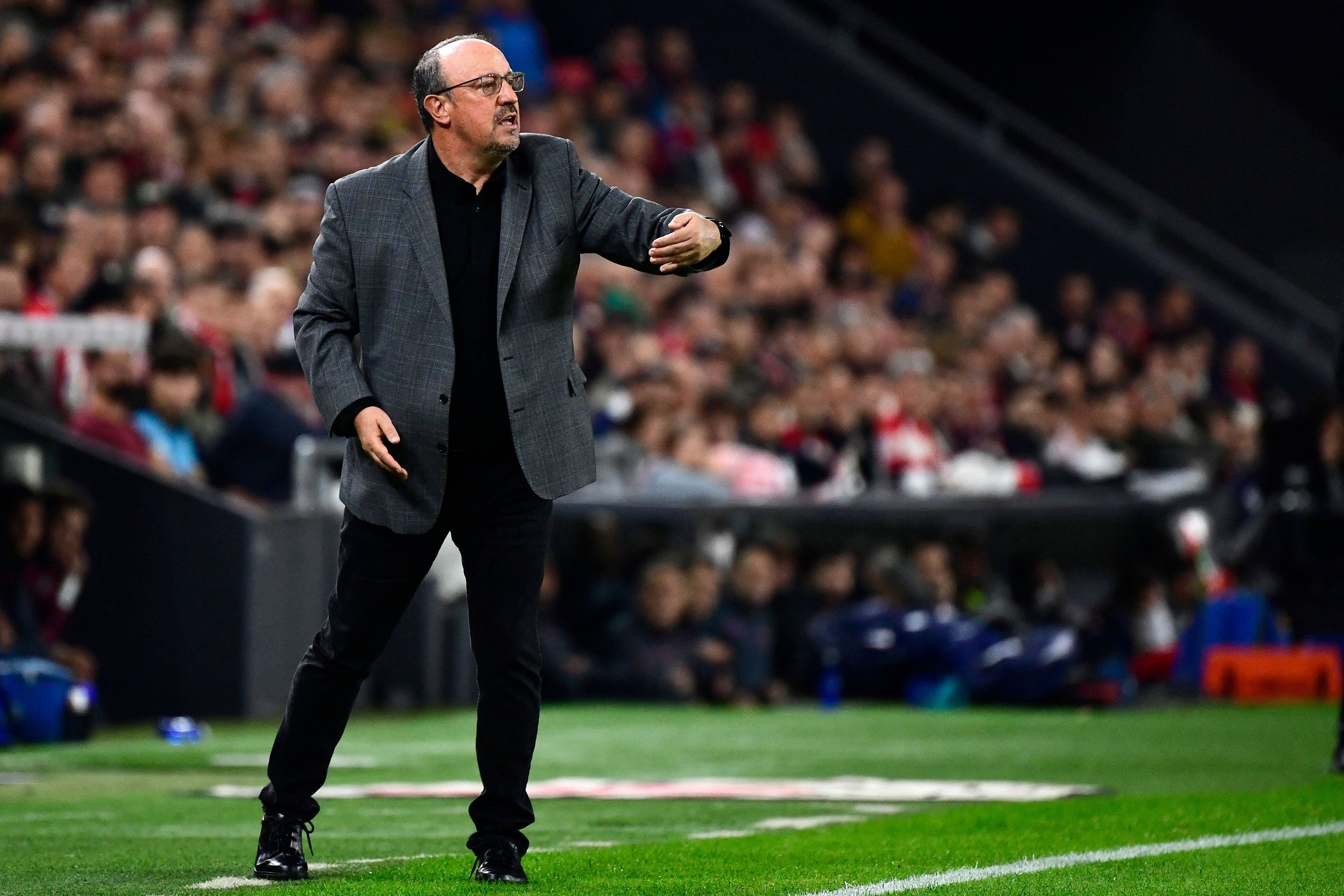 Celta Vigo's Spanish coach Rafael Benitez gestures during the Spanish league football match between Athletic Club Bilbao and RC Celta de Vigo at the San Mames stadium in Bilbao on November 10, 2023. (Photo by ANDER GILLENEA / AFP)