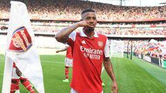 LONDON, ENGLAND - AUGUST 13: Gabriel Jesus celebrates scoring the 2nd Arsenal goal during the Premier League match between Arsenal FC and Leicester City at Emirates Stadium on August 13, 2022 in London, England. (Photo by Stuart MacFarlane/Arsenal FC via Getty Images)