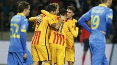  Ivan Rakitic (3rd L) celebrates with his team mates after scoring a goal against BATE Borisov during their Champions League group E soccer match at the Borisov Arena stadium outside Minsk, Belarus, October 20, 2015. REUTERS/Vasily Fedosenko