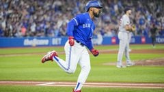 TORONTO, ON - OCTOBER 2: Teoscar Hernandez #37 of the Toronto Blue Jays runs the bases on his home run against the Boston Red Sox in the fourth inning during their MLB game at the Rogers Centre on October 2, 2022 in Toronto, Ontario, Canada.   Mark Blinch/Getty Images/AFP