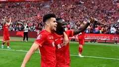 LONDON, ENGLAND - MAY 14: (THE SUN OUT, THE SUN ON SUNDAY OUT) Luis Diaz and Sadio Mane of Liverpool at the end of The FA Cup Final match between Chelsea and Liverpool at Wembley Stadium on May 14, 2022 in London, England. (Photo by Andrew Powell/Liverpool FC via Getty Images)