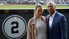 NEW YORK, NY - MAY 14: Hannah Jeter and Derek Jeter pose next to his number in Monument Park at Yankee Stadium during the retirement cerremony of Jeter&#039;s jersey #2 at Yankee Stadium on May 14, 2017 in the Bronx borough of New York City.   Elsa/Getty Images/AFP == FOR NEWSPAPERS, INTERNET, TELCOS &amp; TELEVISION USE ONLY ==