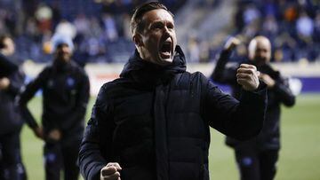 CHESTER, PENNSYLVANIA - DECEMBER 05: Head coach Ronny Deila of New York City FC celebrates after defeating Philadelphia Union during the MLS Eastern Conference Final at Subaru Park on December 05, 2021 in Chester, Pennsylvania.   Tim Nwachukwu/Getty Images/AFP == FOR NEWSPAPERS, INTERNET, TELCOS &amp; TELEVISION USE ONLY ==