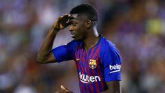 Barcelona&#039;s French forward Ousmane Dembele celebrates after scoring a goal during the Spanish league football match between Real Valladolid and FC Barcelona at the Jose Zorrilla Stadium in Valladolid on August 25, 2018. (Photo by Benjamin CREMEL / AF