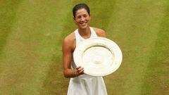 LONDON, ENGLAND - JULY 15:  Garbine Muguruza of Spain celebrates victory with the trophy after the Ladies Singles final against Venus Williams of The United States on day twelve of the Wimbledon Lawn Tennis Championships at the All England Lawn Tennis and