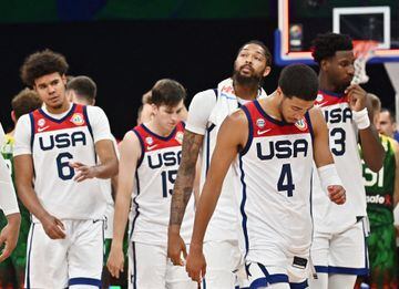 Tyrese Haliburton of the U.S. looks dejected after the match 