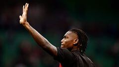 AC Milan's Portuguese forward Rafael Leao waves to the supporters at the end of the Italian Serie A football match between AC Milan and Lecce at San Siro stadium in Milan on April 23, 2023. (Photo by GABRIEL BOUYS / AFP)