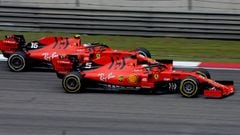 SHANGHAI, CHINA - APRIL 14: Sebastian Vettel of Germany driving the (5) Scuderia Ferrari SF90 leads Charles Leclerc of Monaco driving the (16) Scuderia Ferrari SF90 on track during the F1 Grand Prix of China at Shanghai International Circuit on April 14, 