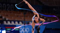 Belarus&#039; Alina Harnasko competes in the individual all-around qualification of the Rhythmic Gymnastics event during Tokyo 2020.
