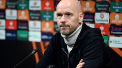 Manchester United's Dutch manager Erik ten Hag attends a press conference on the eve of their UEFA Europa League play-offs football match against FC Barcelona, at the Camp Nou stadium in Barcelona, on February 15, 2023. (Photo by Josep LAGO / AFP)
