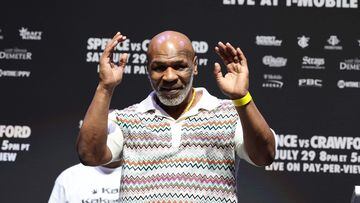 LAS VEGAS, NEVADA - JULY 28: Former Heavyweight Champion of the world Mike Tyson looks on during Terrence Crawford vs Errol Spence Jr. weigh-in at T-Mobile Arena on July 28, 2023. Spence Jr. and Crawford will fight for the Undisputed World Welterweight Championship at T-Mobile Arena in Las Vegas on July 29.   Al Bello/Getty Images/AFP (Photo by AL BELLO / GETTY IMAGES NORTH AMERICA / Getty Images via AFP)