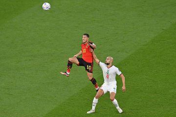 Eden Hazard (Belgium) and Sofyan Amrabat (Morocco) during the World Cup Group F game in Qatar.