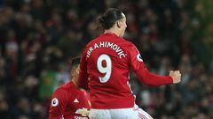 Zlatan Ibrahimovic of Manchester United celebrates scoring their first goal during the Premier League match between Manchester United and Liverpool at Old Trafford on January 15, 2017 in Manchester, England. 