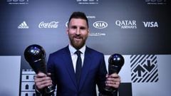 MILAN, ITALY - SEPTEMBER 23:  Lionel Messi of FC Barcelona and Argentina poses with the The Best FIFA Men&acirc;&euro;&trade;s Player Award and The FIFA FIFPro Men&#039;s World11 Award trophies during The Best FIFA Football Awards 2019 at Teatro alla Scala on September 23, 2019 in Milan, Italy. (Photo by Tullio Puglia - FIFA/FIFA via Getty Images)