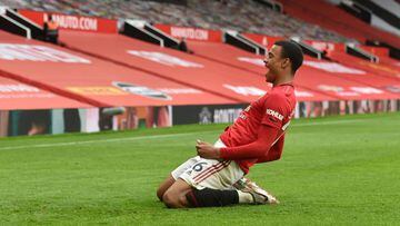Manchester United&#039;s English striker Mason Greenwood celebrates after scoring a goal during the English Premier League football match between Manchester United and Bournemouth at Old Trafford in Manchester, north west England, on July 4, 2020. (Photo 