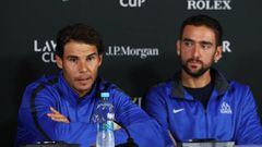 PRAGUE, CZECH REPUBLIC - SEPTEMBER 21:  Rafael Nadal and Marin Cilic of Team Europe attend a press conference during previews ahead of the Laver Cup on September 21, 2017 in Prague, Czech Republic.  The Laver Cup consists of six European players competing