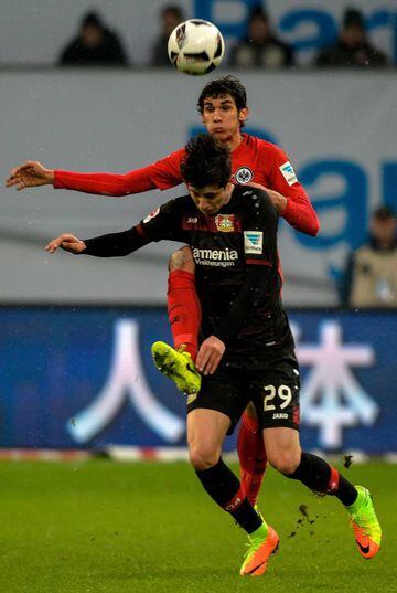 Leverkusen's midfielder Kai Havertz and Frankfurt's Spanish defender Jesus Vallejo vie for the ball
