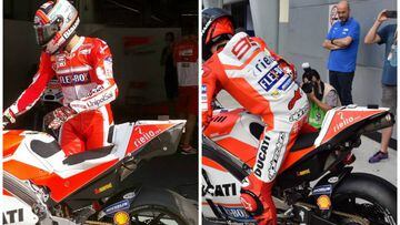 A la izquierda, Dovizioso con la caja bajo el col&iacute;n de la Ducati en Sepang en el test de MotoGP; a la derecha, Lorenzo sin ella.