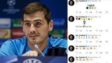 Imágenes de Iker Casillas en una rueda de prensa y captura de sus mensajes de emoticonos en Twitter.