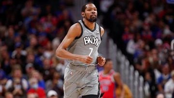 DETROIT, MI - DECEMBER 12: Kevin Durant #7 of the Brooklyn Nets runs down the court during the game against the Detroit Pistons on December 12, 2021 at Little Caesars Arena in Detroit, Michigan. NOTE TO USER: User expressly acknowledges and agrees that, b