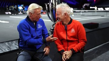 LONDON, ENGLAND - SEPTEMBER 20: Team Captains John McEnroe and Bjorn Borg talk to the media ahead of the Laver Cup at The O2 Arena on September 20, 2022 in London, England. (Photo by Clive Brunskill/Getty Images for Laver Cup)