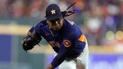 HOUSTON, TEXAS - OCTOBER 29: Framber Valdez #59 of the Houston Astros pitches in the third inning against the Philadelphia Phillies in Game Two of the 2022 World Series at Minute Maid Park on October 29, 2022 in Houston, Texas.   Carmen Mandato/Getty Images/AFP
