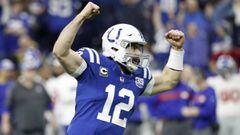 INDIANAPOLIS, INDIANA - DECEMBER 23: Andrew Luck #12 of the Indianapolis Colts celebrates after a touchdown in the game against the New York Giants in the third quarter at Lucas Oil Stadium on December 23, 2018 in Indianapolis, Indiana.   Joe Robbins/Getty Images/AFP == FOR NEWSPAPERS, INTERNET, TELCOS &amp; TELEVISION USE ONLY ==