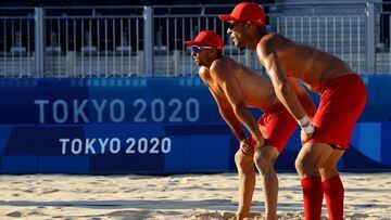 Tokyo 2020 Olympics - Beach Volleyball Training - Shiokaze Park, Tokyo, Japan - July 19, 2021 Pablo Herrera Allepuz and Adrian Gavira Collado of Spain during training REUTERS/Edgar Su