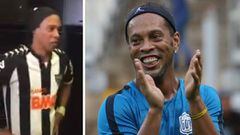 Imagen del doble de Ronaldinho y del exfutbolista brasileño sonriendo durante el partido benéfico "Game of dreams" entre los "amigos de Ronaldinho" y los "amigos del Penta".