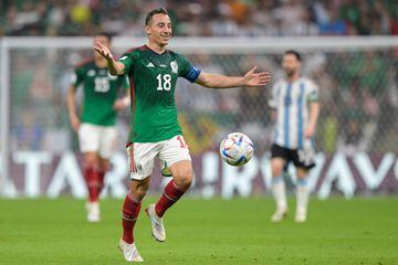 Mexico's midfielder #18 Andres Guardado reacts during the Qatar 2022 World Cup Group C football match between Argentina and Mexico at the Lusail Stadium in Lusail, north of Doha on November 26, 2022. (Photo by JUAN MABROMATA / AFP)