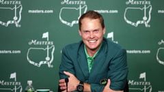 Danny Willett of England speaks to the press after winning the 2016 Masters Tournament at Augusta National.