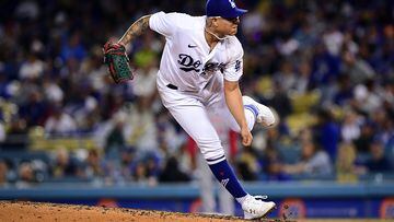 Apr 16, 2022; Los Angeles, California, USA; Los Angeles Dodgers starting pitcher Julio Urias (7) throws against the Cincinnati Reds during the fourth inning at Dodger Stadium. Mandatory Credit: Gary A. Vasquez-USA TODAY Sports