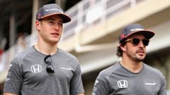 SAO PAULO, BRAZIL - NOVEMBER 10: Stoffel Vandoorne of Belgium and McLaren Honda and Fernando Alonso of Spain and McLaren Honda walk in the Paddock after practice for the Formula One Grand Prix of Brazil at Autodromo Jose Carlos Pace on November 10, 2017 in Sao Paulo, Brazil.  (Photo by Mark Thompson/Getty Images)