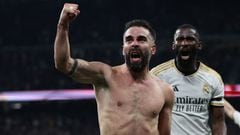 Real Madrid's Spanish defender #02 Dani Carvajal celebrates scoring his team's third goal during the Spanish League football match between Real Madrid CF and UD Almeria at the Santiago Bernabeu stadium in Madrid on January 21, 2024. (Photo by Pierre-Philippe MARCOU / AFP)