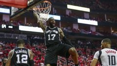 May 11, 2017; Houston, TX, USA; San Antonio Spurs guard Jonathon Simmons (17) dunks the ball during the third quarter against the Houston Rockets in game six of the second round of the 2017 NBA Playoffs at Toyota Center. Mandatory Credit: Troy Taormina-USA TODAY Sports
