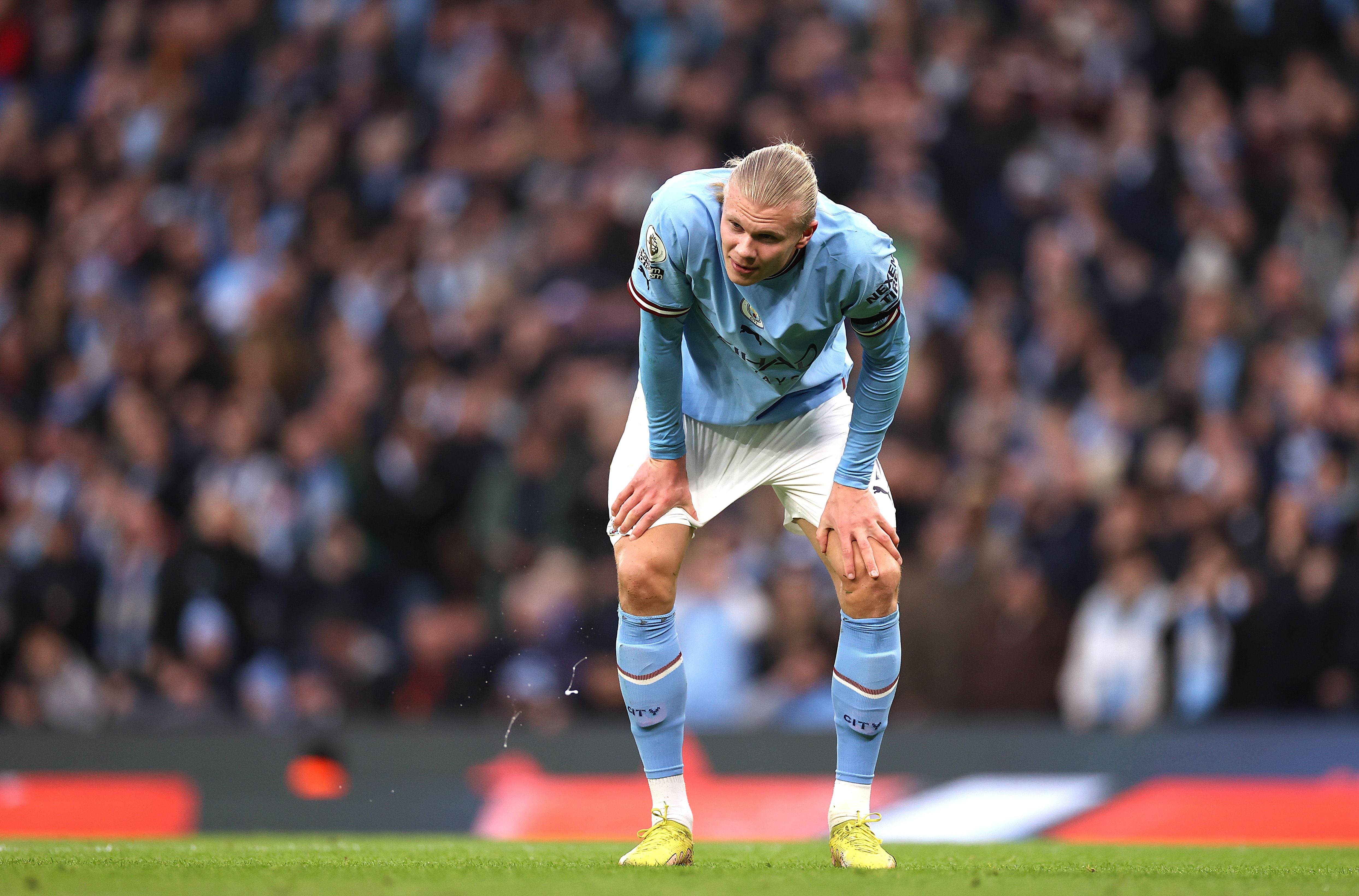 MANCHESTER, ENGLAND - FEBRUARY 12:  Erling Haaland of Manchester City reacts during the Premier League match between Manchester City and Aston Villa at Etihad Stadium on February 12, 2023 in Manchester, England. (Photo by Ryan Pierse/Getty Images) LESION
PUBLICADA 15/02/23 NA MA18 1COL