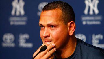 NEW YORK, NY - AUGUST 07: Alex Rodriguez looks on before speaking during a news conference on August 7, 2016 at Yankee Stadium in the Bronx borough of New York City. Rodriguez announced that he will play his final major league game on Friday, August 12 an