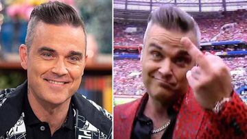 Im&aacute;genes del artista brit&aacute;nico Robbie Williams en el programa de televisi&oacute;n brit&aacute;nico &quot;This is morning&quot; y de su pol&eacute;mica peineta en la ceremonia inaugural del Mundial de Rusia 2018.