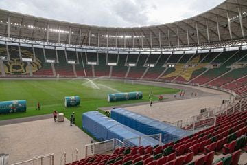 (FILES) In this file photo taken on August 08, 2021 A general view of the Olembe stadium in Yaounde, Cameroon, on August 8, 2021. - The African Cup of Nations (CAN) will open in Cameroon on January 9, 2022 in a tense security context, with threats from ar