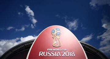 This file photo taken on June 17, 2017 shows the 2018 World Cup logo outside the Kazan Arena stadium in Kazan, Russia, ahead of the Russia 2017 Confederation Cup football tournament.