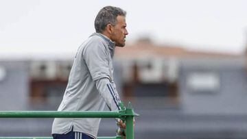Luis Enrique oversees Spain training from his scaffolding platform.