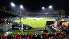 PHILADELPHIA, PA - OCTOBER 31:  A general view of Citizens Bank Park with the tarp on the field prior to Game 3 of the 2022 World Series between the Houston Astros and the Philadelphia Phillies on Monday, October 31, 2022 in Philadelphia, Pennsylvania. (Photo by Mary DeCicco/MLB Photos via Getty Images)